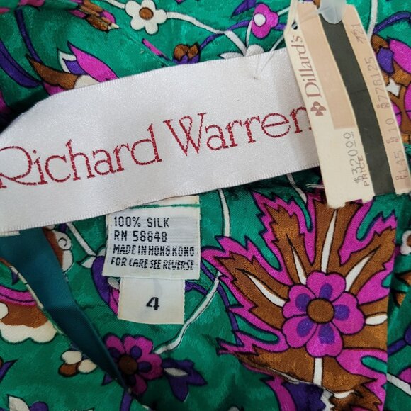 NWT VTG Richard Warren Green 100% Silk Floral Gold Button Long Sleeve Blouse 4 - Picture 3 of 16